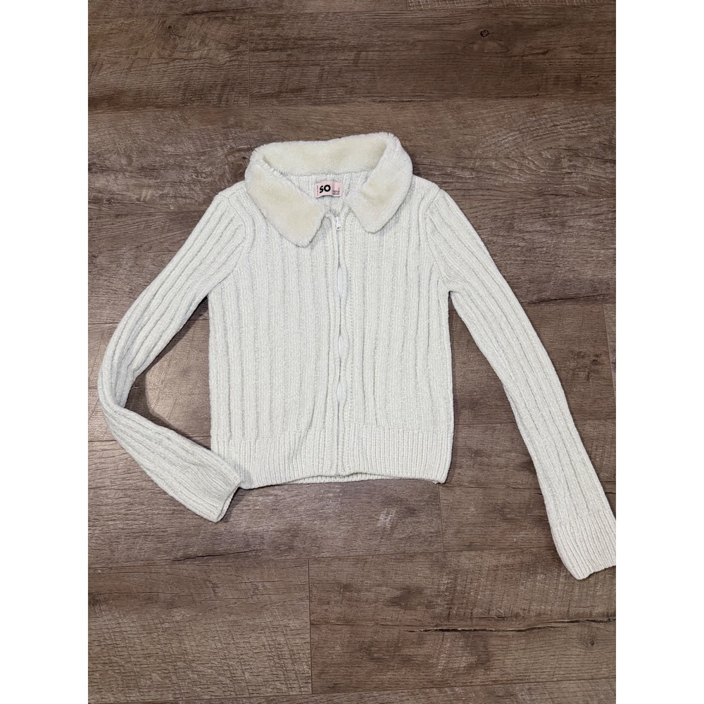 SO Girls Ivory Chenille Zip Up Cardigan Sweater Faux Fur Collar Ribbed L 10/12